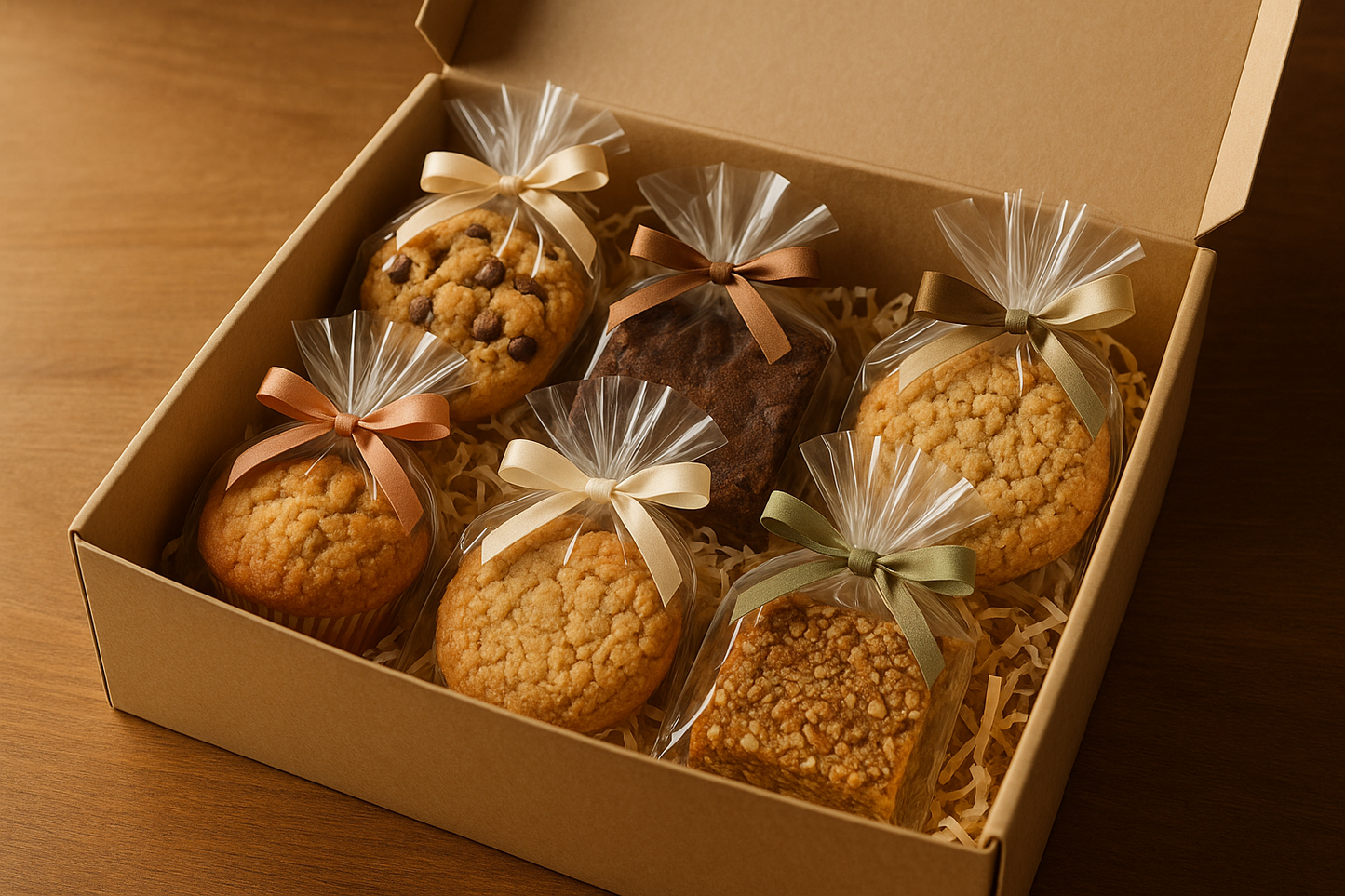 Gift Box, filled with your choice of handmade cookies, brownies, muffins or healthy bars en sus bolsitas y moňo al cierre