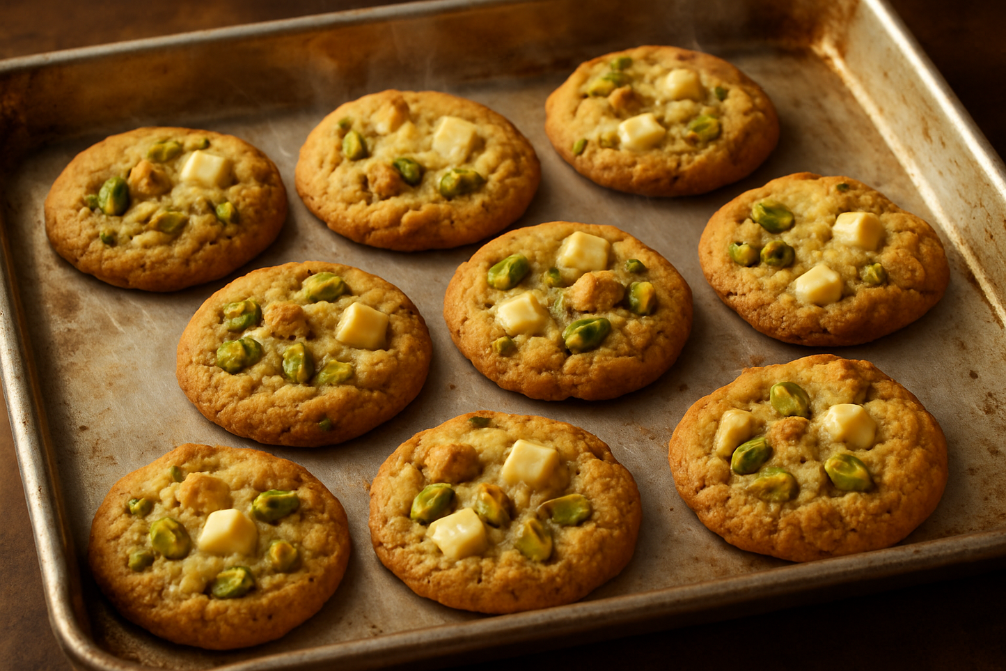 Pistachio & White Chocolate Cookie en una bandeja de horno
