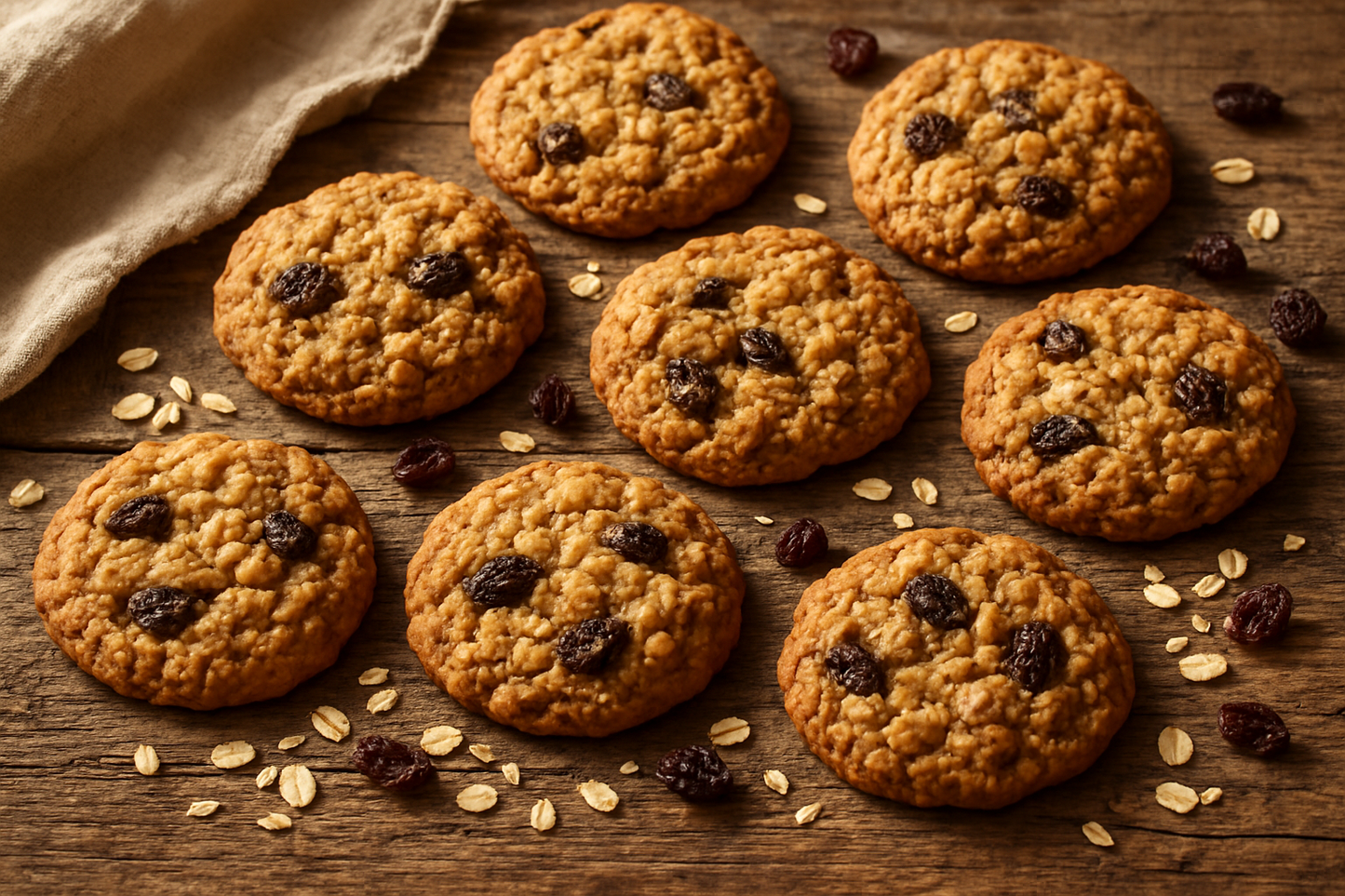 varias Oatmeal Raisin Cookie en un ambiente rustico pero estetico