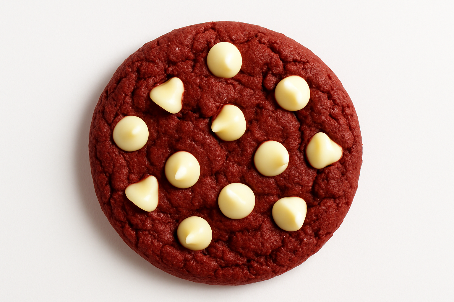  1 Red velvet cookies with white chocolate chips on a white background