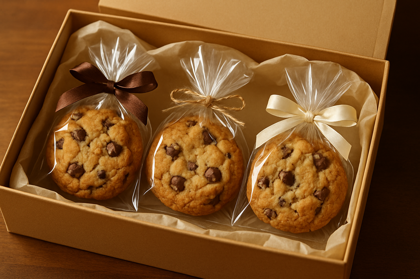 3 chocolate chip cookies in their individual bags inside a gift box