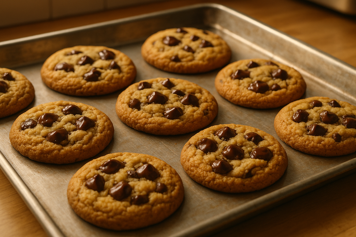 chocolate chip cookie on a baking sheet