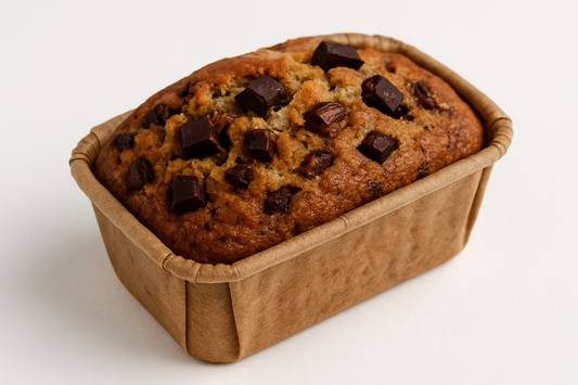 mini Banana, Date & Dark Chocolate Loaf  en Mini Paper Loaf estilo rustico en fondo blanco 