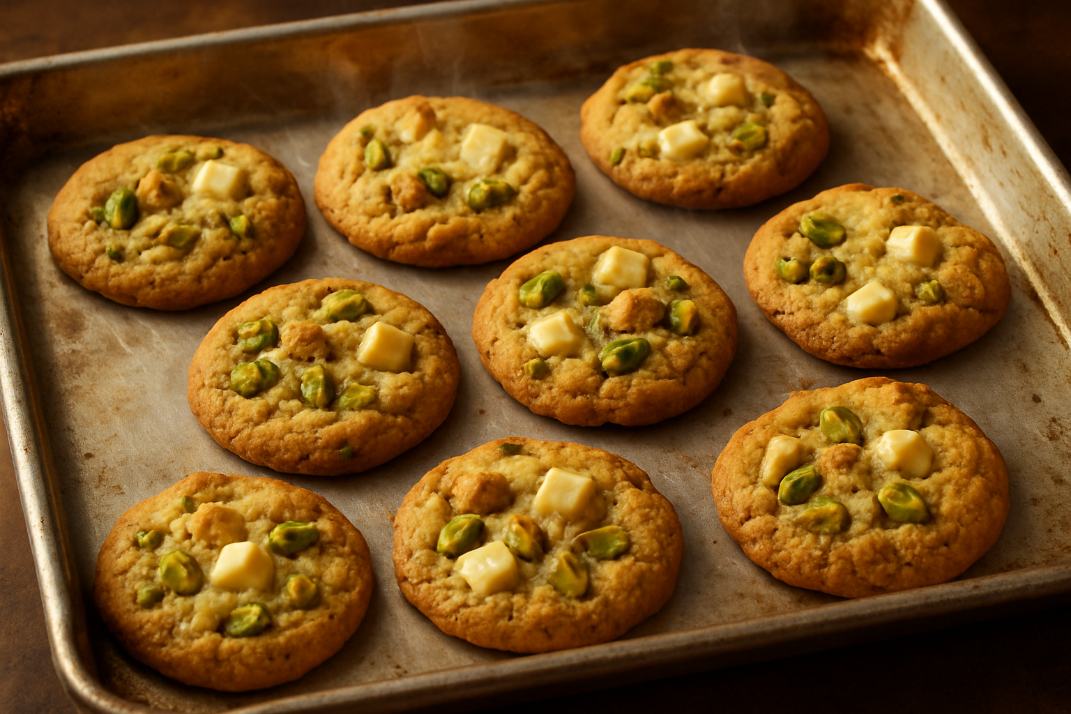Pistachio & White Chocolate Cookie en una bandeja de horno 