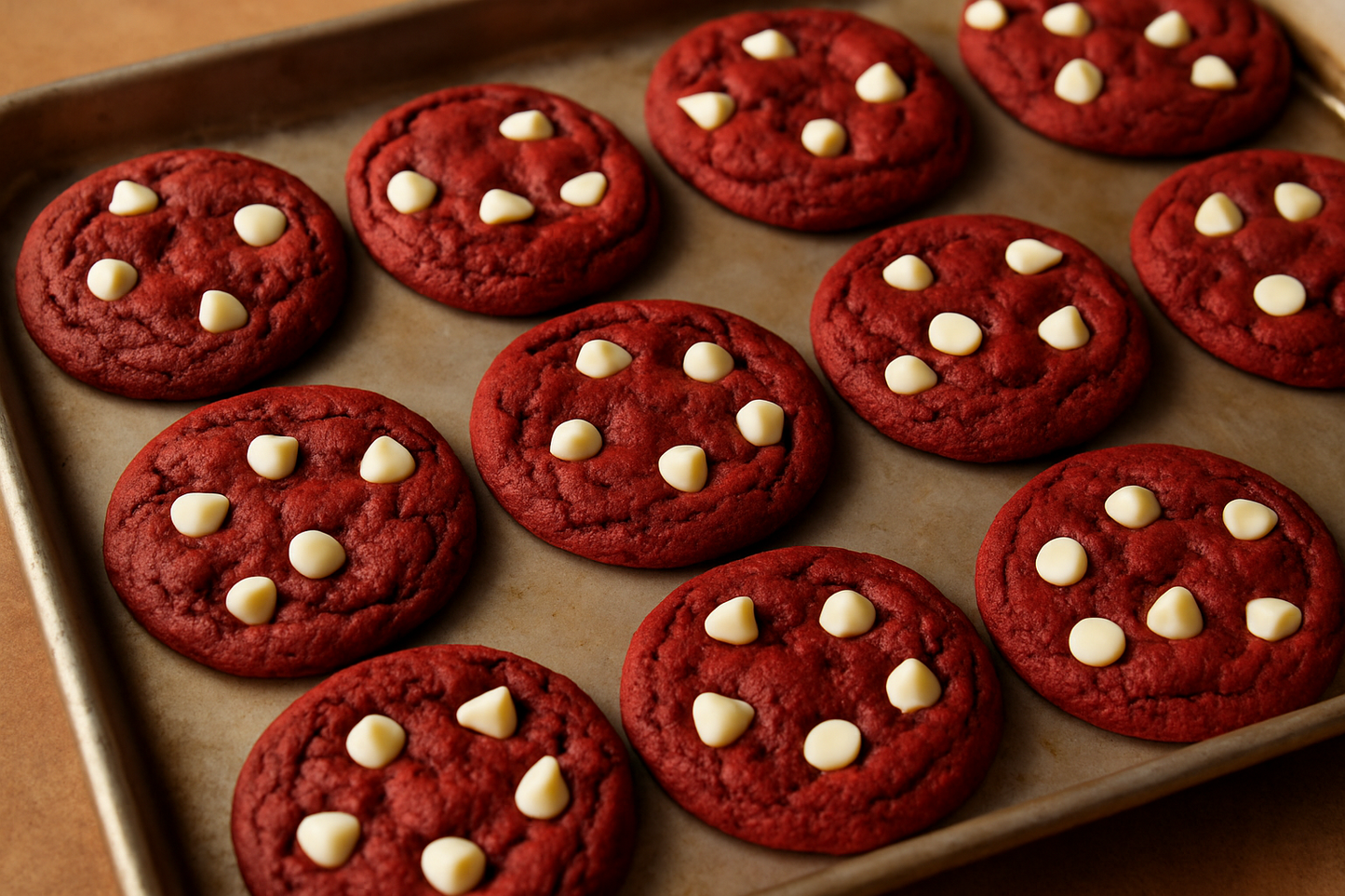 red velved cookies con chispas de choco blanco en una vandeja de horno  