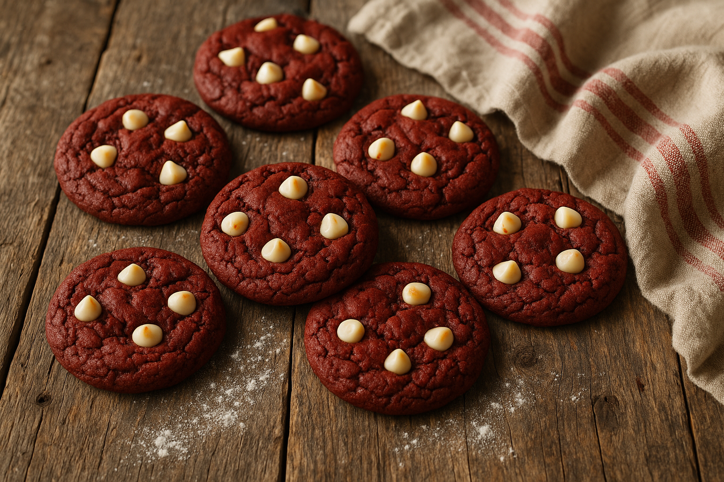 Red velvet cookies with white chocolate chips on a rustic background